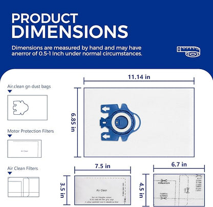 Vacuum Cleaner Bags Fit for Miele Classic C1 Complete C1 C2 C3 S227 S240 S270 S400 S2 S5 S8 Series, Include 9 Packs 3D Efficiency Airclean Bags with 3 Motor Protection Filters and 3 AirClean Filters