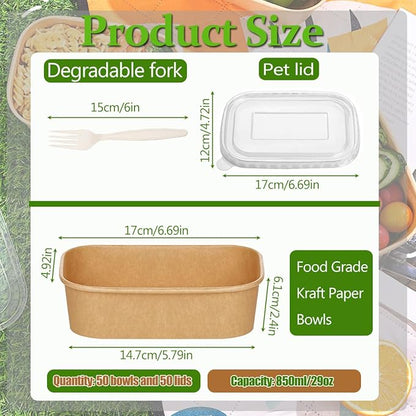 50-Pack 29oz Disposable Kraft Paper Bowls 【with Lids and Forks】Rectangle Cardboard Meal PrepContainers,Paper Leakproof Food Containers,Soup Serving Bowl for Hot/Cold Food-Microwave Safe (29oz 50Count)