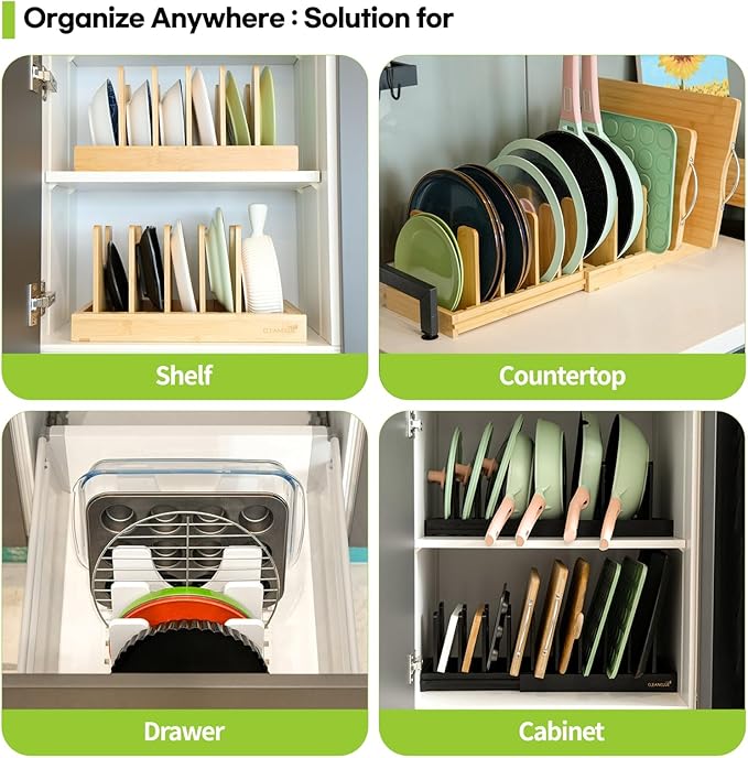 Pots and Pans Organizer under Cabinet, Bamboo Expandable Bakeware and Cutting Board Organizers, Adjustable Pot Lids Holder Rack, Cookie Sheet Baking Pan, Tray Organizer for Kitchen Storage (White)