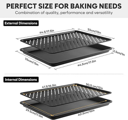 Cookie Sheet for Baking with Wire Rack, Thicker Carbon Steel Half Baking Sheet Pan Set Non Stick, Cooling Rack for Cooking and Baking, 17.5 x 13 Inch Ceramic Cookie Tray