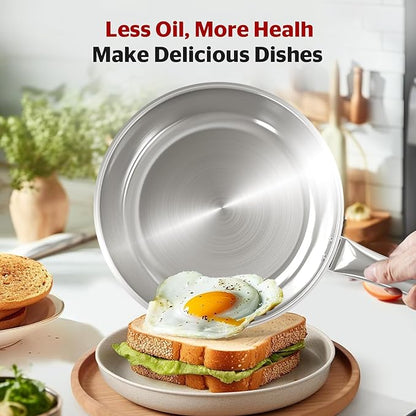 SUNHOUSE 11 Inch Tri-Ply Stainless Steel Frying Pan, Whole-Clad No Coatings Skillet with Stay-cool Handle for Cooking, Durable & Oven Safe to 500°F, Dishwasher Safe, Compatible with All Cooktops