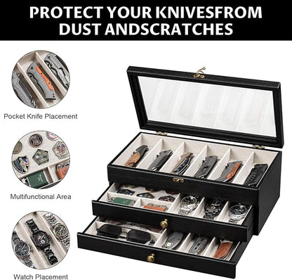 Knife Display Case, 3-Layer Pocket Knife Case Display & Storage Knives, Solid Wood Knife Case for Collections, Gift for Boyfriend Fathers Day Birthday Gifts(Black)