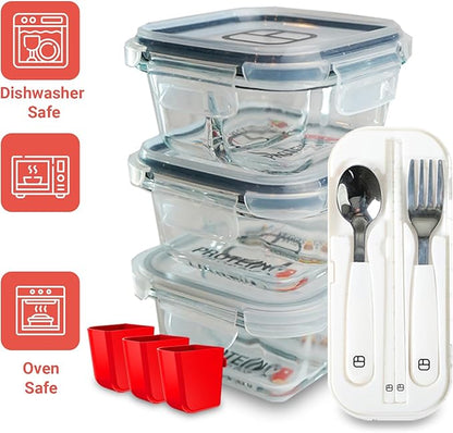 Portion Control Containers for Bariatric Meals – 8 oz Glass Meal Prep Containers with Two 4 oz Compartments and Lids (3 Pack), Reusable Bento Lunch Boxes
