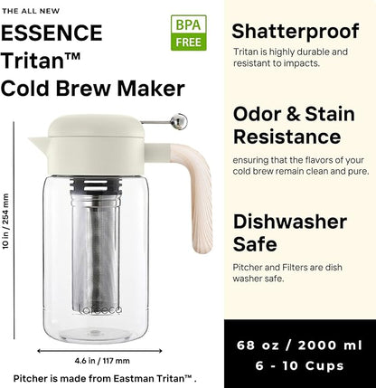 LAFEECA Iced Tea Maker and Infuser - Large Jug with Airtight Lid for Cold Brew - Stainless Dual Ultra Filter - Tritan Pitcher - 2000 ml / 68 oz - Dune