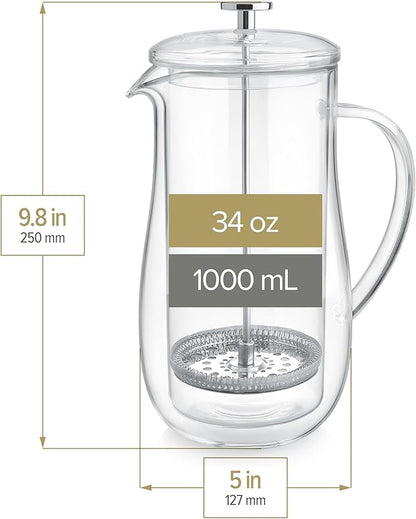 Teabloom Insulated Double-Walled Glass French Press – 100% Plastic-Free Tea & Coffee Press for Pure, Rich Flavor | 34 oz Precision Brewer | Connoisseur's Choice