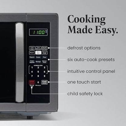 Farberware 1.1 Cu. Ft. Countertop Microwave Oven – 1000 Watts Power, Auto Cook Settings, Defrost, Easy Clean and Child Safety Lock - Stainless and Black