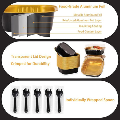 FORBFAN 150 Pack 8 oz Mini Square Cake Pans with Lids, Aluminium Foil Square Brownie Baking Cups, Black and Gold Disposable Ramekins Oven Safe