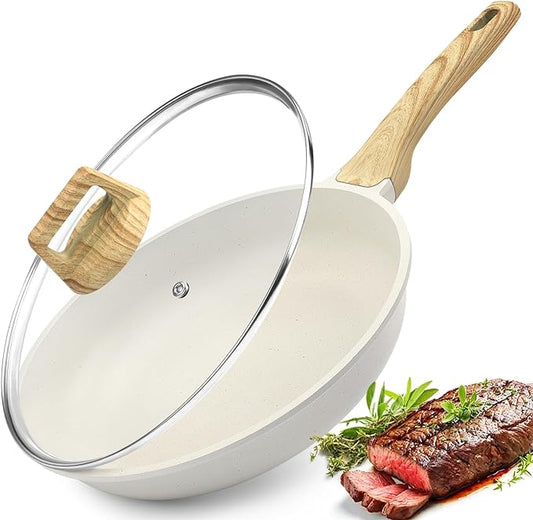 GiPP Nonstick Frying Pan Skillet with Lid - 9.5" White Granite Non Stick Pans, Omelette Pan with Heat-Resistant Handle, Compatible with All Stovetops, PFOA Free