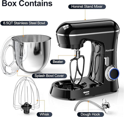 Stand Mixer, 6.5QT 10-Speed Tilt-Head Electric Stand Mixer, 3-In-1 Kitchen Mixer with Bowl, Dough Hook, Whisk and Beater, Food Mixer for Baking, Cake and Most Home Cooks, Black