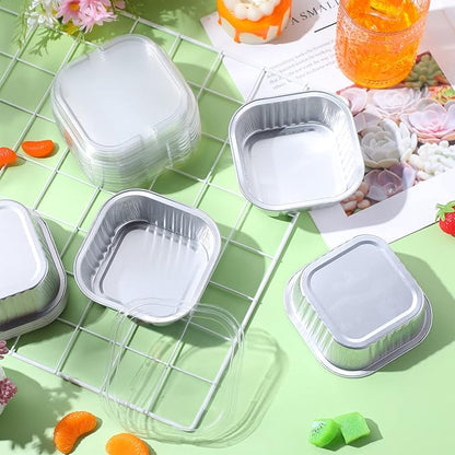 Aoriher 150 Pieces 10 oz Mini Cake Pans with Lids Aluminum Foil Baking Cups Square Disposable 4" x 4" Large Cupcake Cups Baking Tins for Kitchen Brownie Pudding Desserts Holders(Silver)