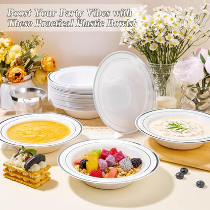 200 Pack Disposable Soup Bowls with Silver Rim, 12oz Premium Heavy Duty Plastic Dinner Bowls for Party, Wedding and Holiday