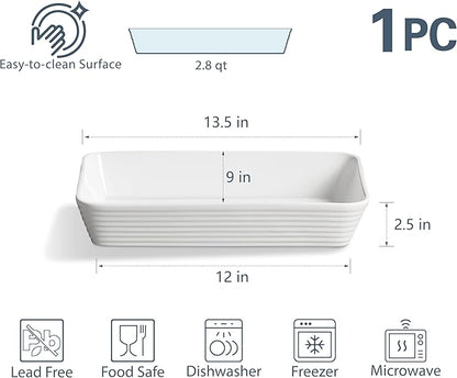 ONEMORE Ceramic Baking Dish, 9x13 Baking Pan Casserole Dish Large Rectangular Baking Dishes for Oven Deep Dish Lasagna Pan for Family Meals Ribbed White Bakeware for Roasting & Serving