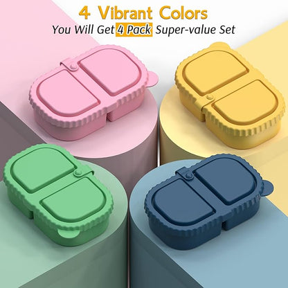 4 Pack Silicone Snack Containers with Lids, Double Compartment Snack Containers for Sauce, Reusable Silicone Food Storage Box for School Lunch Office Travel