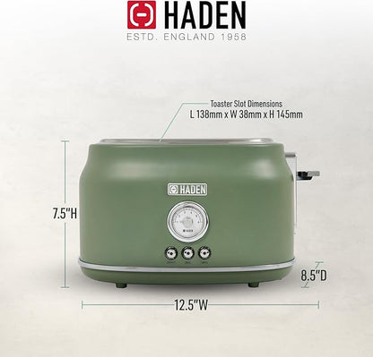 Haden Dorset 2 Slice Wide Slot Stainless Steel Toaster with Adjustable Browning Control & Non Slip Feet, Cedar Green & Chrome