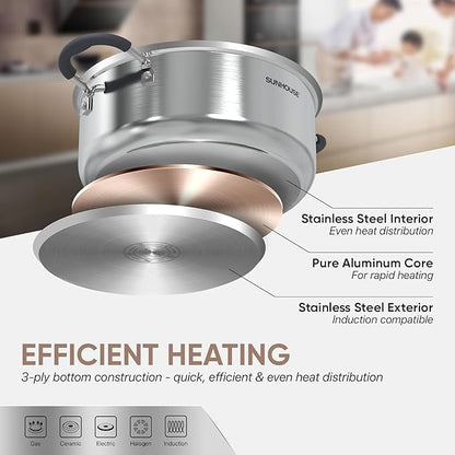SUNHOUSE - 4.6 Quart Steamer Pots With Lid 2-Tier Multipurpose Stainless Steel Steaming Pot Cookware With Handle For Vegetable, Dumpling, Sauce, Food - Triple Bottom, Measurement Line