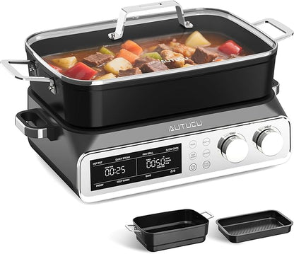 N21NA Pro Slow Cooker 10 Quart, 8-in-1 Programmable PFOA-Free Ceramic Coated Multi-Cooker with Grill Pan, Steaming Plate (Includes Silicone Spoon & Tongs)