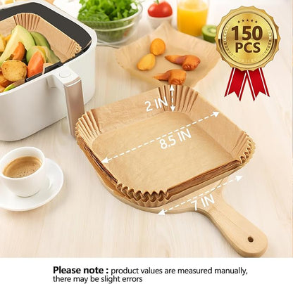 8.5 Inch Air Fryer Liners, 150PCS Non-Stick Air Fryer Paper Liners Disposable, Oil-Proof & High-Temperature Resistant Square Baking Paper for Air Fryer, Microwave, Oven（Bottom Is 7 Inch）