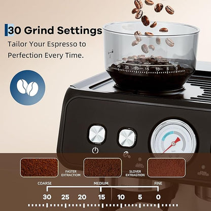 Garvee 20 Bar Pressure Stainless Steel Espresso Machine with Grinder, 2.8L Removable Water Tank, Milk Frother Steam Wand for Latte/Cappuccino - Adjustable Shot Volume, Professional Home/Office Use