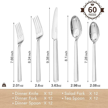 KINGSTONE Silverware Set, 60-Piece Flatware Cutlery Set Premium Stainless Steel, Service for 12, for Kitchen, Home, Wedding, Party, Mirror Polished and Dishwasher Safe