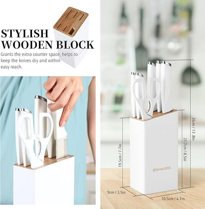 White Knife Set with Block, 7 Pieces Small Knife Block Set with Stainless Steel Blade Ergonomic Handle, Kitchen Knives Set Gifts for chef