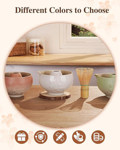 ZENS Matcha Whisk Set, Ceramic Matcha Set Includes 15oz Sakura Bowl, Bamboo Whisk & Chasen Holder, Scoop & Sifter-Tea Towel, 6pcs Matcha Kit for Matcha Lovers, White