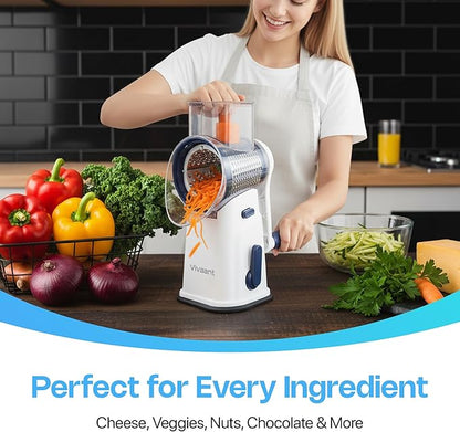 Rotary Cheese Grater with Handle, Cheese Shredder Hand Crank with Suction Base & 5 Interchangeable Blades, Multi-Functional Food Chopper for Vegetables, Nuts & Chocolate - Easy to Use & Clean