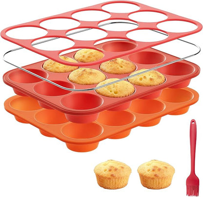 Silicone Muffin Pan with Metal Reinforced Frame,2 Pcs 2.9" Regular Size 12 Cups Egg Bite Mold,Non-Stick,Easy Release,For Egg Muffins, Cupcakes, Large Muffins,Cheesecakes(Orange + Red)