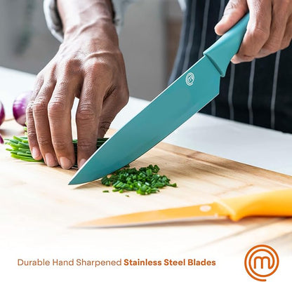 MasterChef Kitchen Knives Set with Covers incl. Paring, Boning, Carving, Bread, Santoku & Chef Knife, Sharp Cutting Stainless Steel Blades with Sheaths, 12 Piece (6 Colored Knives & 6 Covers)