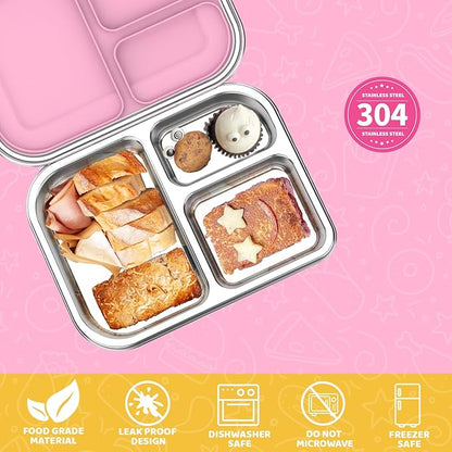 Stainless Steel Lunch Box 1000ml - 3 Compartment Bento Box for Kids & Adults, Leakproof Food Container, BPA-Free Metal Lunch Box with Silicone Seal, Eco-Friendly/Dishwasher Safe (Pink)