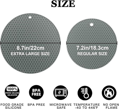 Silicone Trivet Mats, 2 Sizes 7 & 9 Inch Heat Resistant Silicone Hot Pads Pot Holders for Kitchen - Trivets for Hot Dishes, Multipurpose Non-Slip Heat Resistant Mat, Spoon Holder, Drying Mat(Gray)