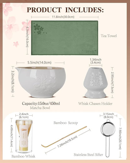 ZENS Matcha Whisk Set, Ceramic Matcha Set Includes 15oz Sakura Bowl, Bamboo Whisk & Chasen Holder, Scoop & Sifter-Tea Towel, 6pcs Matcha Kit for Matcha Lovers, White