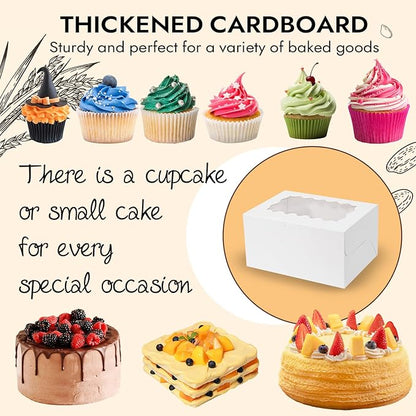 JCD 8 Packs Bento Cake and Cupcake Box 3 Holes Fit 2 Cupcakes and 1 Mini Cake Box with Clear Window and Stickers for Wedding Birthday Party Bakery Baking Supplies (1+2/8pcs)