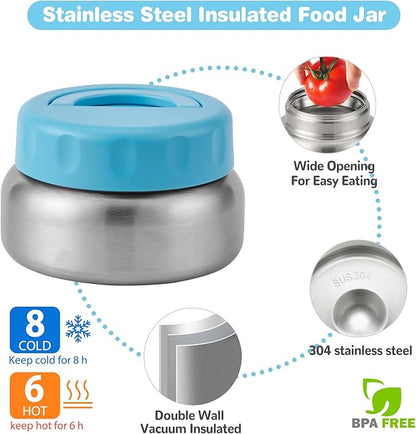 Bento Lunch Box with 9.5 oz Soup Thermo, Kids Leakproof 4 Compartments Bento Box with Silicone Cupcake,Fruit Fork,Spoon and Sauce Cup,Insulated Food Jar for School Travel-Blue