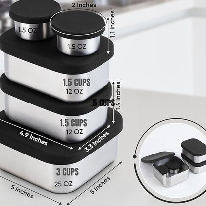 Flexibento - Leak proof Stainless Steel Bento Box | Stainless steel Snack Containers | Food Containers with Silicone Lids | Metal Food Containers| Bentobox - Black, 52 Oz Set (set of 5)