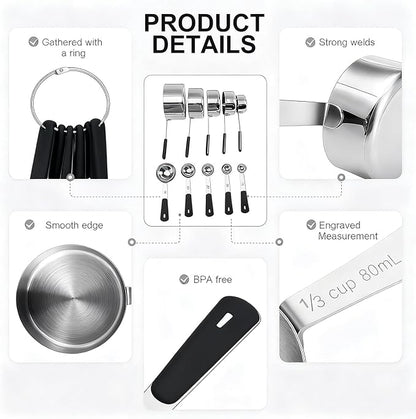 Measuring Cups and Spoons Set, Stainless Steel 10 Piece for Cooking and Baking (5 Cups + 5 Spoons, Black Handle)