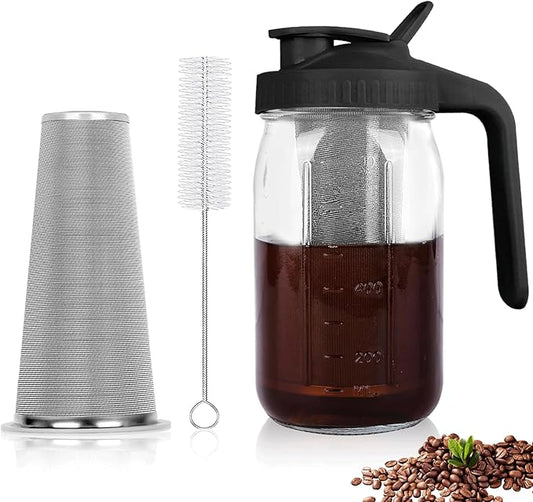 Cold Brew Coffee Maker,32 Oz Mason Jar Pitcher with Stainless Steel Filter, Pour Spout Handle Lid, Heavy Duty Glass Airtight & Leak-Proof Pitcher for iced coffee Tea Breastmilk Lemonade-Black