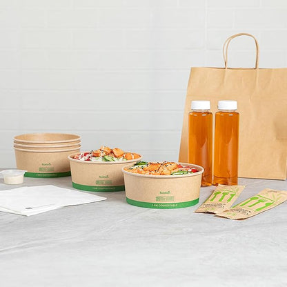 Restaurantware Compostable Paper Food Containers 200 Pack Of 37 oz BPI-Certified Round Kraft Salad Bowls Disposable Grease-Resistant Meal Prep Take Out Containers For Ice Creams, Soups, Snacks