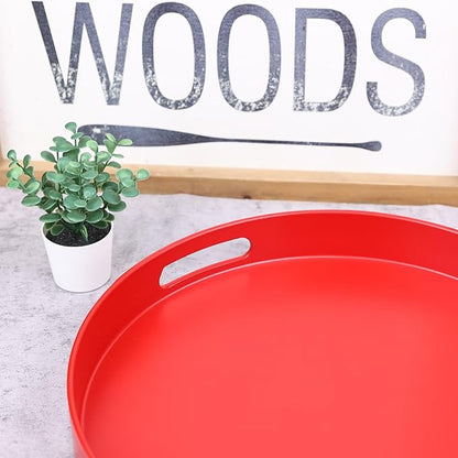 Round Red Decorative Serving Tray with Handles, 13” Versatile Ottoman Tray for Coffee Table, Entertaining, Outdoor Patio, Living Room