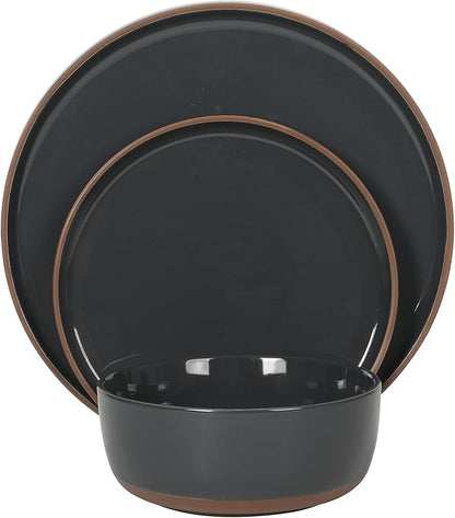 Gibson Elite Northrock Stoneware Dinnerware Set, 16-Piece Service for 4 Plates and Bowls Set – Charcoal Blue Dishes with Hand-Painted Terracotta Base