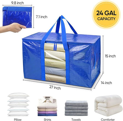 BALEINE 4-Pack Oversized Moving Bags with Reinforced Handles, Heavy-Duty Storage Tote Moving Supplies for Packaging, Camping (Blue w/Window, 4-Pack)
