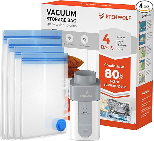 ETENWOLF 4 Pack Vacuum Storage Bags with Rechargeable Wireless Pump, Vacuum Seal Bags for Clothes and Travel, Space Saver Bags in Multiple Carry-On Sizes, Perfect for Luggage and Suitcases
