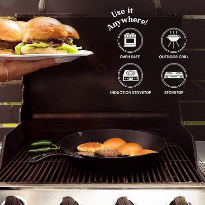 Cuisinel 15" Cast Iron Skillet + Glass Lid Cover + Black Pan Scraper + Silicone Handle Grip Cover - Pre-seasoned Kitchen Cookware - Indoor/Outdoor - Camping, Grilling, BBQ, Oven Use