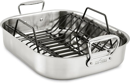 All-Clad Specialty Stainless Steel Roaster and Nonstick Rack 16x13x5 Inch Oven Broiler Safe 600F Roaster Pan, Pots and Pans, Bakeware, Turkey, Silver