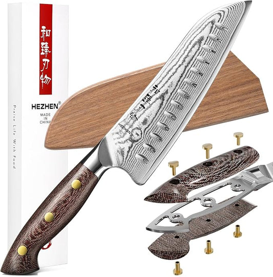 HEZHEN Santoku Knife with Wooden Sheath,7.3 Inches, 67 Layers Damascus Steel Kitchen Knife for Professional Chefs and Family, Micarta Handle,Gift Ready