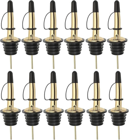 Pafusen 12 Pack Liquor Bottle Pourers, Liquor Pour Spout for Liquor Bottles, Stainless Steel Olive oil Dispenser Spout, Alcohol Pourer Spouts Dust Caps Covers Fixed, Gold