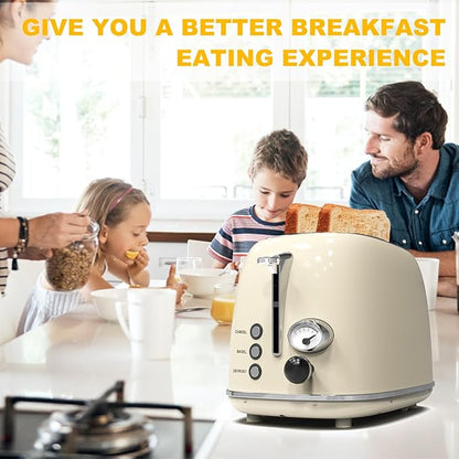 Toaster 2 slice, KitchMix Retro Stainless Steel Toaster with 6 Settings, 1.5 In Extra Wide Slots, Bagel/Defrost/Cancel Function, Removable Crumb Tray (Cream)