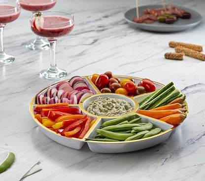 Plasticpro 6 Sectional Round Plastic Serving Tray/Platter (2, White & Gold)