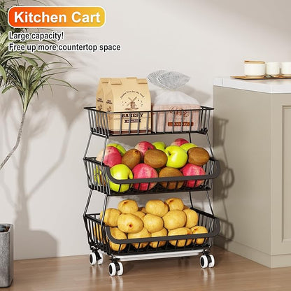 Miyawell 3-Tier Rolling Pantry Cart with Wheels, Stackable Wire Storage Floor Organizer for Kitchen Pantry Snack Shelves, Fruit Basket Stand, Vegetable Storage Rack for Food Snacks Onion Potato