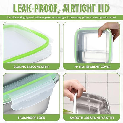 2 Pack Sandwich Containers, 40oz Stainless Steel Sandwich Box with Airtight Lids, Reusable Metal Meal Prep Lunch Boxes, BPA-Free, Dishwasher Safe, Large Capacity Food Storage Containers (Green)