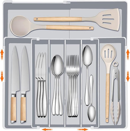 Silverware Organizer for drawer - Adjustable Kitchen Drawer Organizer Utensil Drawer Organizer, Expandable Silverware Tray for Drawer Utensil Organizer for Forks, Knives, Grey